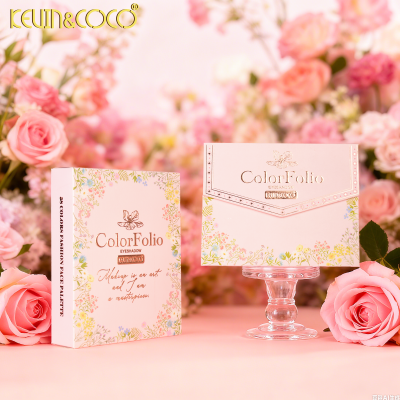 Paleta de sombras de olhos ColorFolio em embalagem rosa com flores e texto dourado