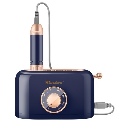 Torradeira azul escura com detalhes em cobre e botão rotativo numerado