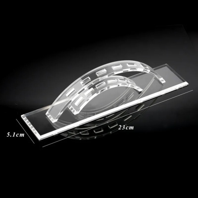 Suporte acrílico transparente com duas peças arqueadas e base retangular