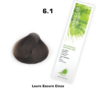 amostra de cabelo castanho escuro acinzentado com embalagem branca e verde
