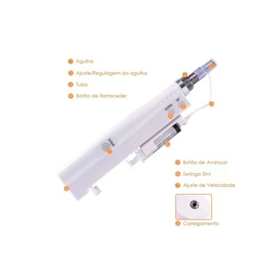 Dispositivo médico branco para injeção com várias partes rotuladas em português