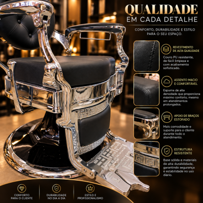 Cadeira de barbeiro preta em couro PU com estrutura metálica cromada e apoio de braços estofado.
