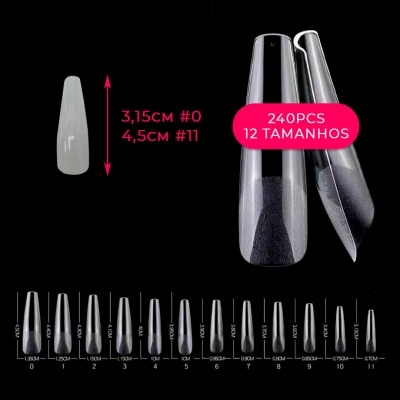 Pack de unhas postiças transparentes com indicação de tamanhos e quantidade