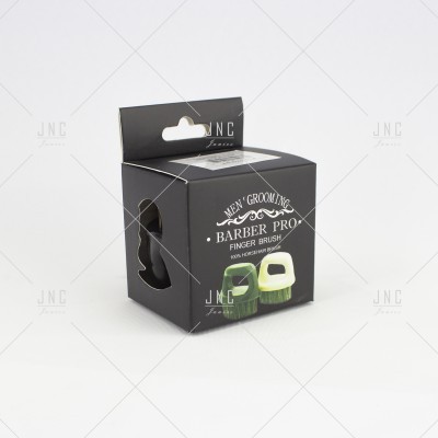Caixa preta para escova de dedos Barber Pro com texto e imagem da escova