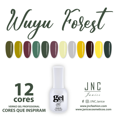 Verniz gel profissional JNC Janice com 12 cores variadas dispostas em amostras alongadas