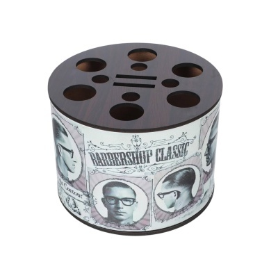 Suporte redondo de madeira com orifícios e imagens vintage de cortes de cabelo