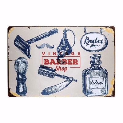 Placa vintage de barbeiro com desenhos de utensílios e texto em azul e vermelho