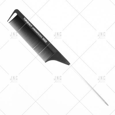 Pente preto de plástico com cabo metálico fino e texto branco