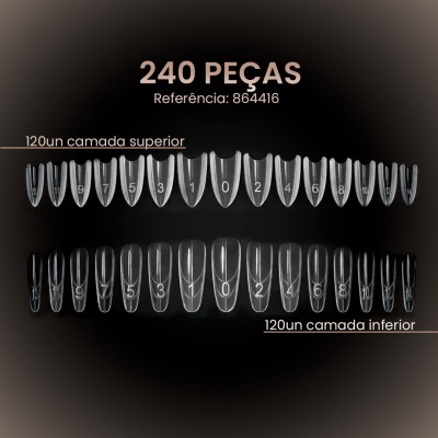 Unhas postiças transparentes numeradas para camada superior e inferior em fundo preto.