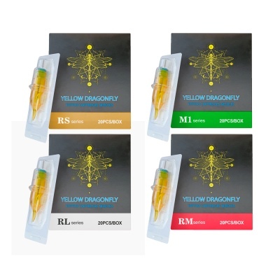 Quatro caixas de agulhas para tatuagem Yellow Dragonfly com diferentes códigos e cores