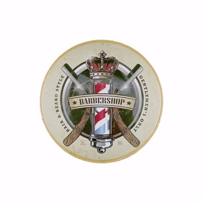 Logótipo redondo de barbearia com poste clássico, navalhas e coroa