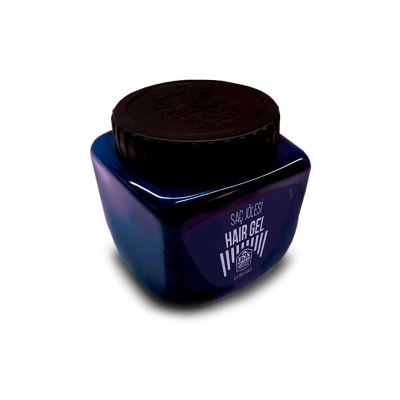 Frasco de gel de cabelo azul escuro com tampa preta e texto Saç Jölesi Hair Gel.