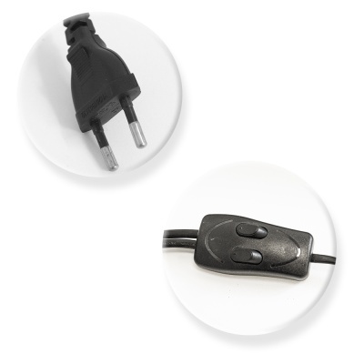 Detalhes de plugue elétrico e interruptor em preto sobre fundo branco