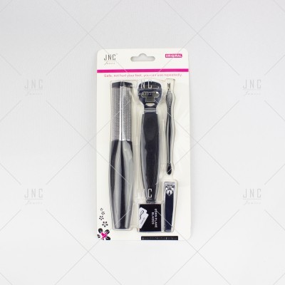 Conjunto de cuidado de pés JNC com lima, removedor de calos, pinça e corta-unhas em embalagem branca