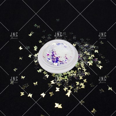 Pote com glitter holográfico em forma de borboletas sobre fundo preto