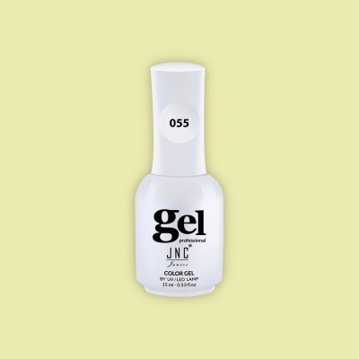 Frasco de verniz gel para unhas JNC Professional branco número 055 sobre fundo amarelo