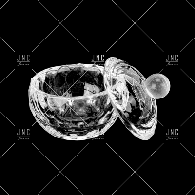 Recipiente de vidro faceteado com tampa e alça esférica.