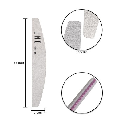 Lima de unhas cinza curva com texto JNC 100/180 e detalhes de textura ampliados
