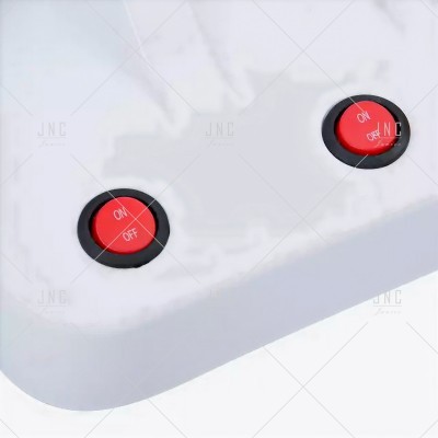 Dois botões redondos vermelhos com texto ON OFF em superfície branca