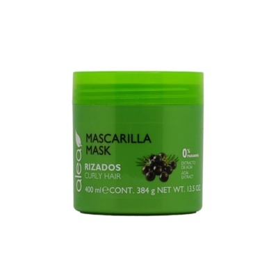 Máscara para cabelo encaracolado AIEA verde com texto em preto e branco