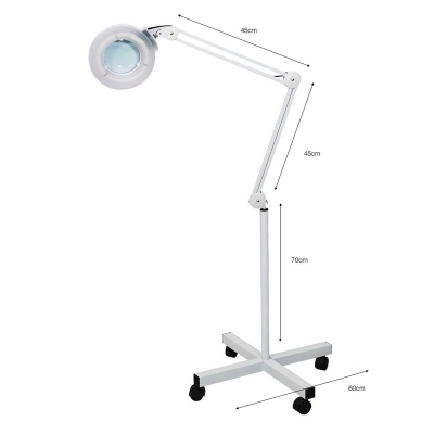 Candeeiro de pé branco com lente de aumento circular e rodas