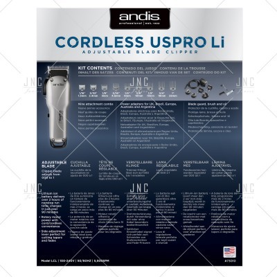 Embalagem azul e branca do aparador Andis Cordless USPRO Li com texto em inglês e logótipo preto