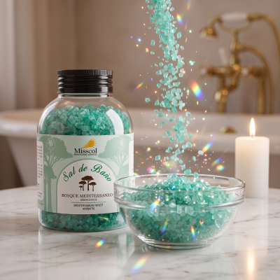 Frasco com sal de banho verde aromático e vidro com sal ao lado em ambiente com vela e torneira.