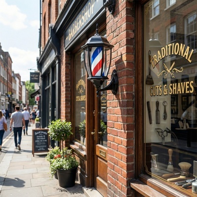 Fachada de barbearia com lâmpada de postes nas cores vermelho, branco e azul e inscrição TRADITIONAL CUTS & SHAVES