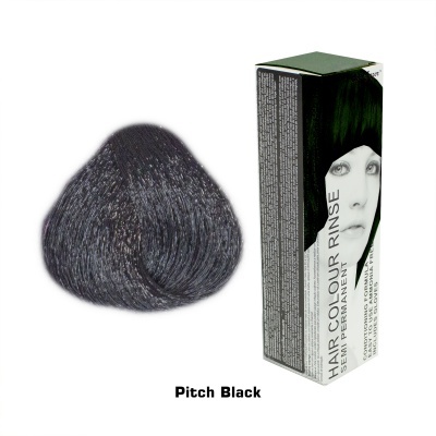 Tinta de cabelo preta Hair Colour Rinse embalagem e amostra de cor pitch black