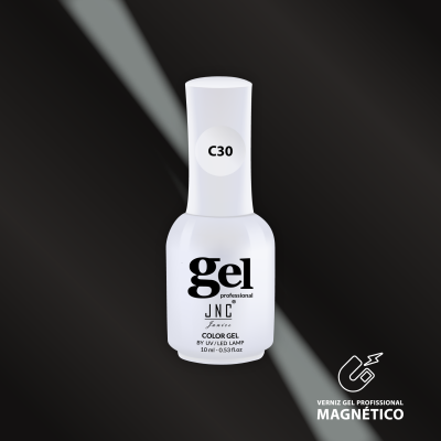 Frasco branco de verniz gel profissional JNC Paris com selo C30 e fundo preto