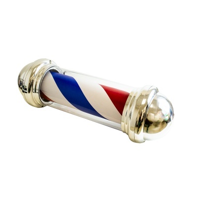 Barbeador espiral vermelho, azul e branco em tubo de vidro com extremidades douradas