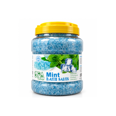 Frasco transparente com sais de banho azul e tampa amarela
