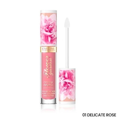 Gloss labial rosa com tampa decorada com flores e texto do produto