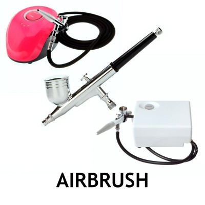 Conjunto de aerógrafo com dois compressores e aerógrafos metálicos, palavra AIRBRUSH