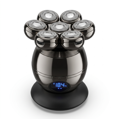 Aparelho de barbear ele9trico com seis cabee7as circulares e visor digital azul.