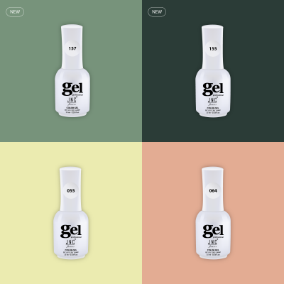Quatro frascos brancos de verniz Gel JNC com números diferentes em fundos coloridos.