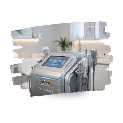 Máquina estética cinza com ecrã e acessórios num ambiente clínico branco