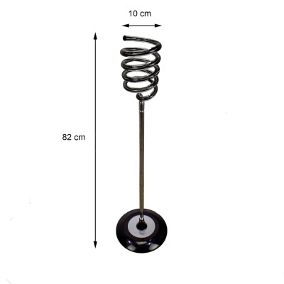 Suporte metálico com base circular preta e estrutura helicoidal prateada