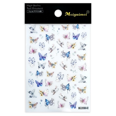 Decorações para unhas com várias borboletas coloridas em cartão transparente.