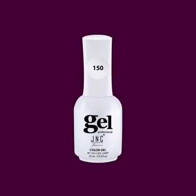 Frasco branco de verniz gel para unhas com texto e número 150 na tampa