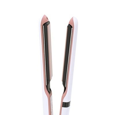 Prancha alisadora de cabelo branca e rosa com placas negras