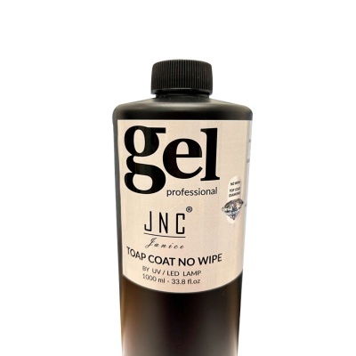 Frasco preto de gel para unhas com rótulo branco e texto em preto