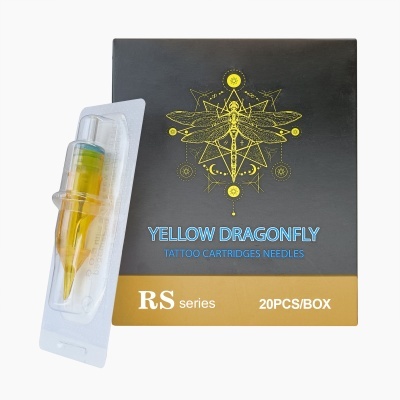 Caixa de agulhas de tatuagem Yellow Dragonfly RS series com 20 peças e uma agulha em plástico