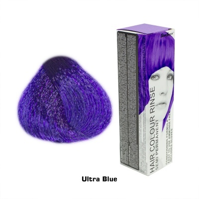 Caixa de tinta de cabelo semi-permanente roxa com amostra de cabelo azul roxo Ultra Blue