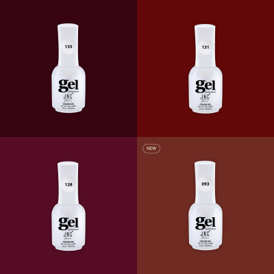 Quatro frascos brancos de verniz em gel JNC sobre fundos de cores variadas (vinho, vermelho, roxo, castanho), com números 135, 131, 128 e 093 (NEW)