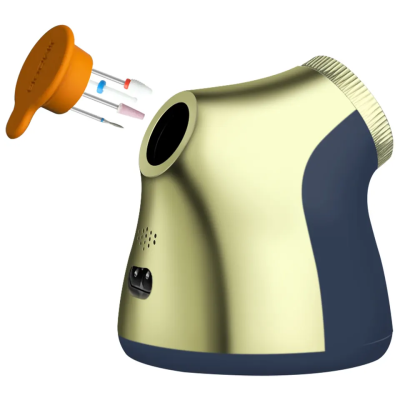 Dispositivo elétrico com corpo metálico dourado e preto, com acessório laranja e ponteiras metálicas.