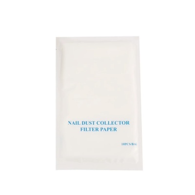 Embalagem branca de papel filtro para coletor de pó de unhas com texto azul