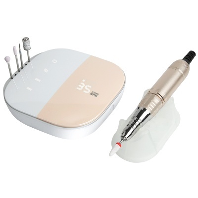 Aparelho elétrico para manicure com brocas e unidade principal branca e bege