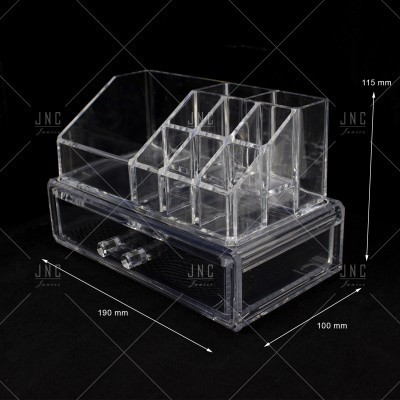 Organizador transparente em acrílico com várias divisórias e gaveta