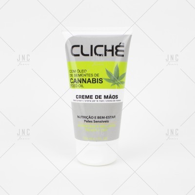 Tubo de creme de mãos Cliché com óleo de sementes de cannabis em fundo branco